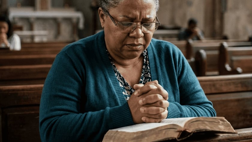 Mulher de óculos e cardigã azul reza com as mãos juntas sobre uma Bíblia aberta, em uma igreja.