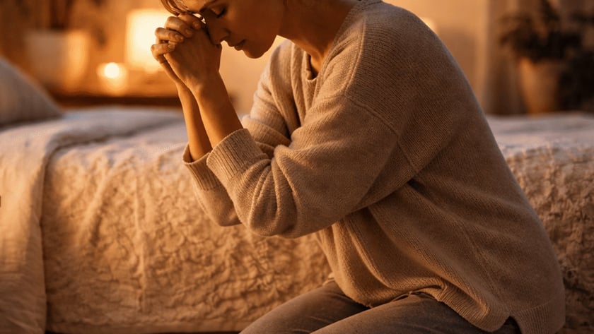 Mulher ajoelhada ao lado da cama, de olhos fechados e mãos unidas junto à testa.
