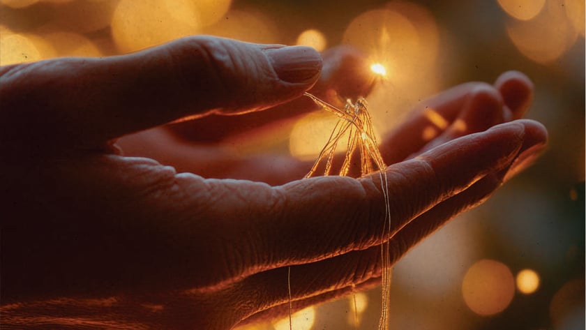 Mãos de uma pessoa idosa seguram um fio fino com pequenas luzes acesas.