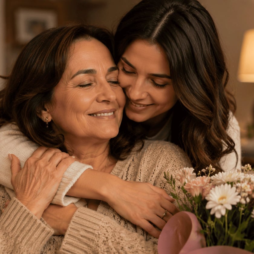 Mulher jovem abraça por trás uma mulher mais velha, com buquê de flores em primeiro plano.
