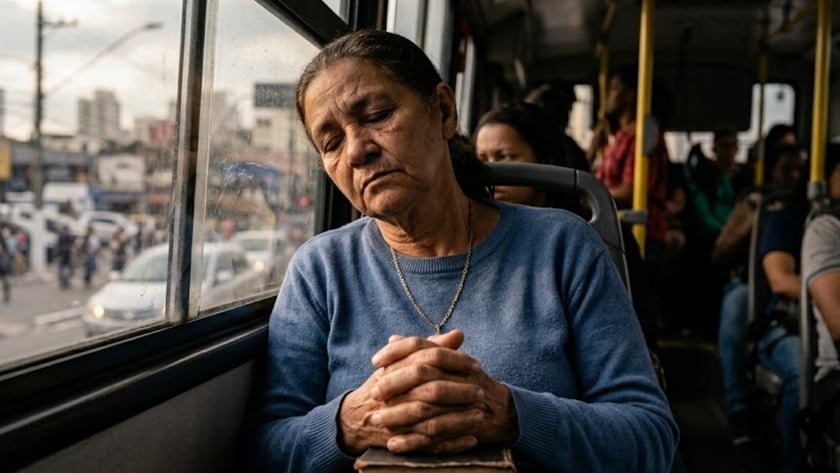 Mulher idosa de suéter azul, de olhos fechados, com as mãos unidas, encostada na janela do ônibus.