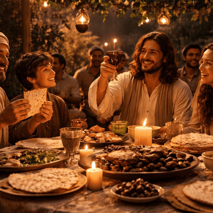 Homem de cabelos longos ergue um cálice à mesa com pessoas sorrindo, pães sem fermento e velas.