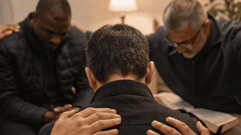Homens de cabeça baixa oram em círculo, com as mãos nos ombros de um deles.