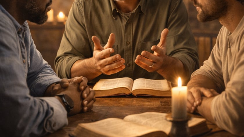 Três homens conversam à mesa com Bíblias abertas e velas acesas, diante de uma cruz.