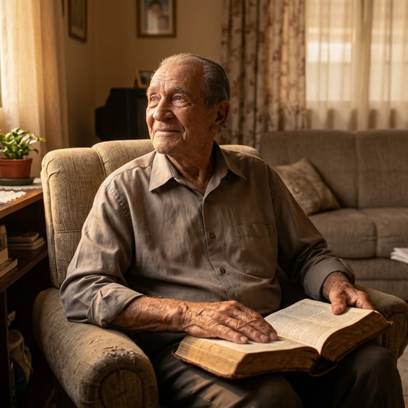 Idoso sentado em poltrona na sala, com um livro grande aberto no colo.