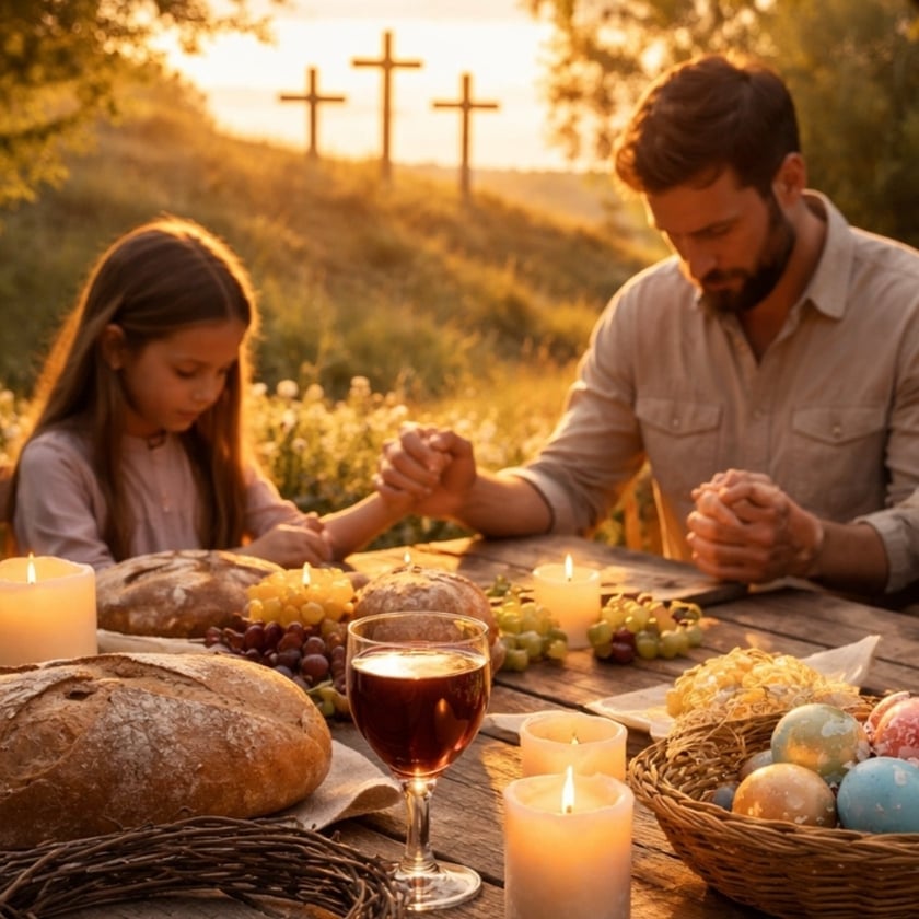 Pai e filha de mãos dadas rezando à mesa com pães, uvas, vinho e ovos.