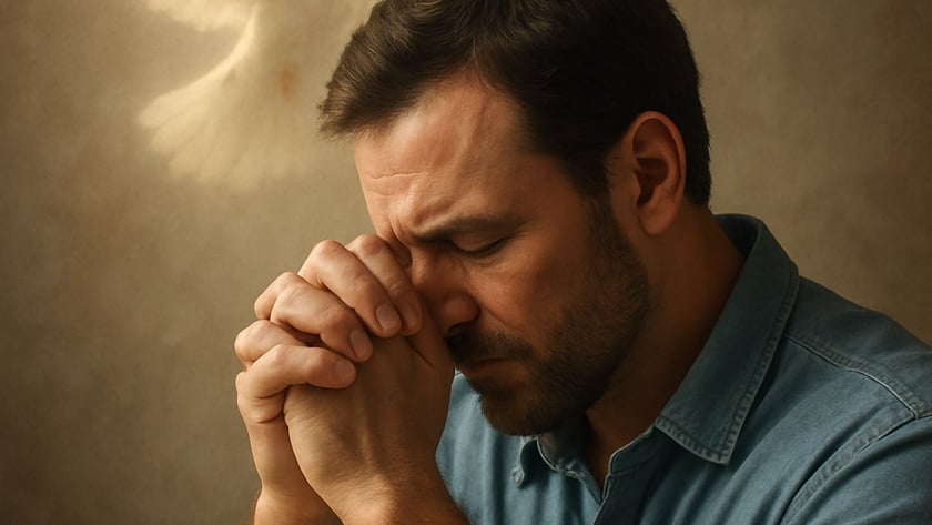 Homem de barba, camisa jeans azul, de olhos fechados e mãos postas junto ao rosto