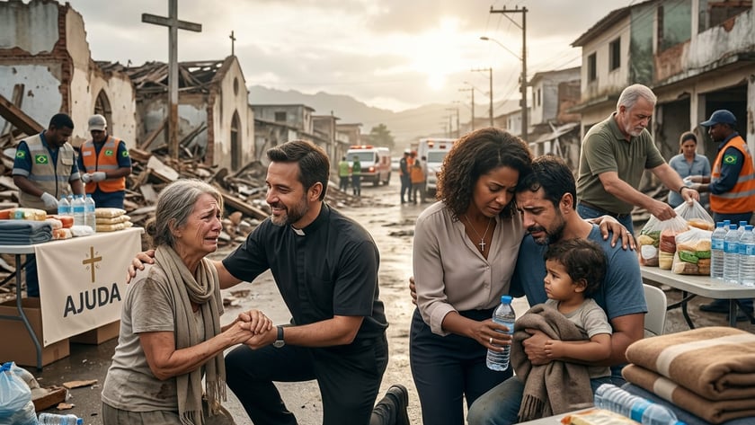 Padre ajoelhado segura as mãos de idosa; casal abraça menino em rua destruída com doações.