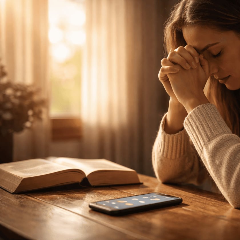 Mulher de suéter claro, de olhos fechados e mãos juntas, ao lado de uma Bíblia e um celular.