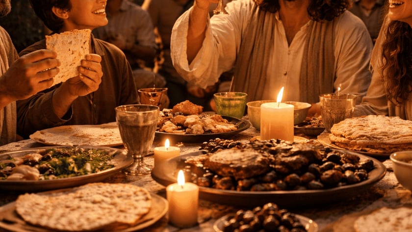 Homem de cabelos longos ergue um cálice à mesa com pessoas sorrindo, pães sem fermento e velas.