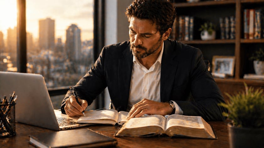 Homem de blazer escuro escreve em caderno ao lado de livro aberto e notebook, perto da janela.