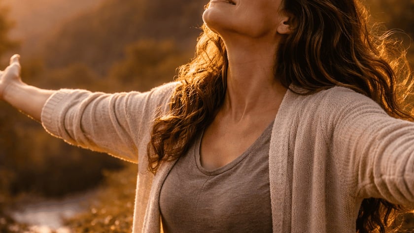 Mulher de cabelos longos e ondulados, de braços abertos e olhos fechados, em um vale ao pôr do sol.
