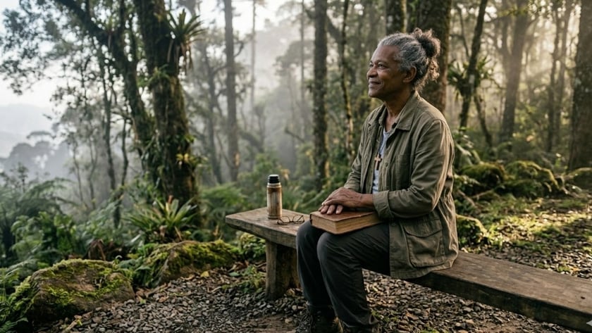 Banco de madeira com garrafa térmica e óculos, ao lado de pessoa com livro em floresta nublada.