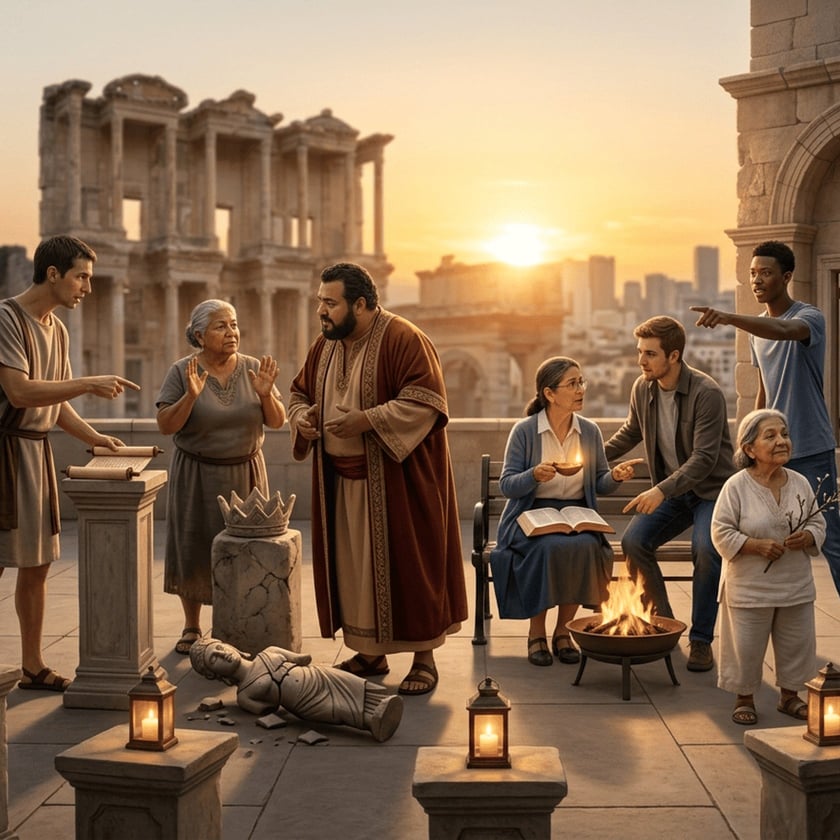 Pessoas em trajes antigos e modernos conversam e gesticulam num terreiro com ruínas ao pôr do sol.