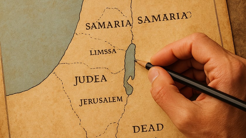 Mão segura lápis sobre mapa antigo com Judeia, Samaria e Jerusalém: "DEAD SEA".