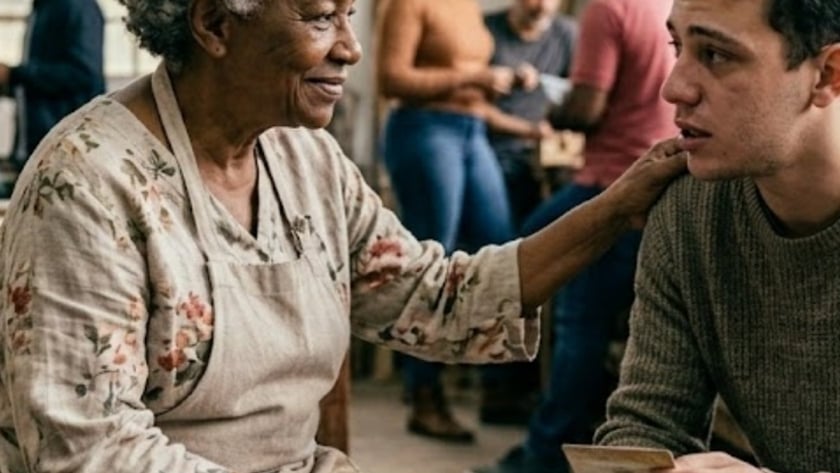 Idosa de avental toca o ombro de um jovem que segura um cartão.