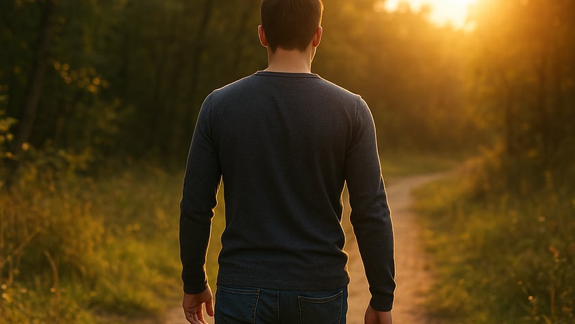 Homem de costas, de camisa escura e jeans, caminha por uma trilha de terra na mata.