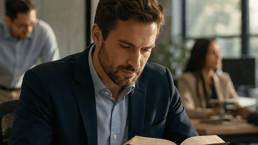 Homem de blazer lê uma Bíblia em uma mesa de escritório, com colegas ao fundo.