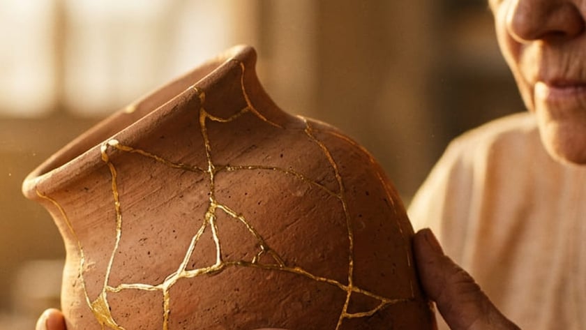 Mãos idosas seguram um vaso de barro com rachaduras preenchidas por linhas douradas.