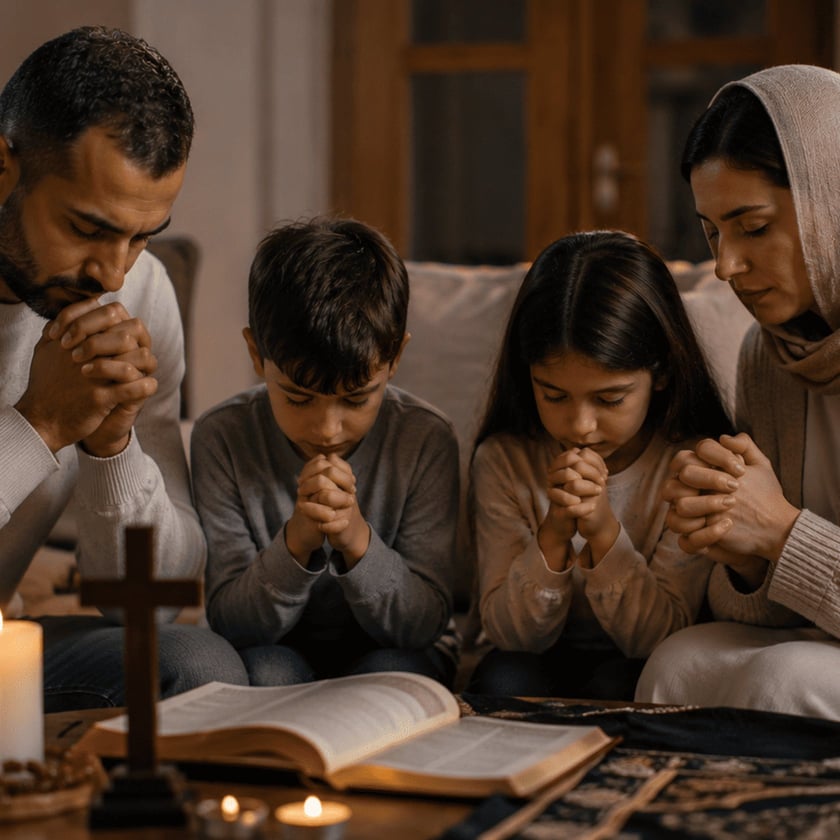 Homem, menino e menina rezam de mãos juntas diante de uma cruz, velas e Bíblia.