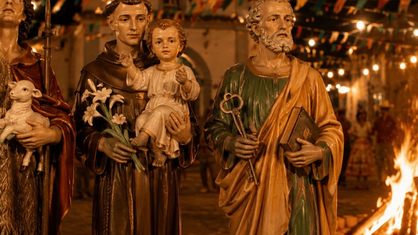 Duas estátuas de santos diante de uma fogueira em festa junina numa praça com bandeirinhas.