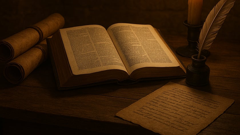 Livro aberto, pergaminhos enrolados, vela acesa, pena no tinteiro e folha manuscrita sobre mesa