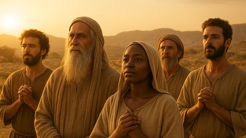 Cinco pessoas em túnicas rústicas, de mãos unidas, olham para o alto numa paisagem desértica.