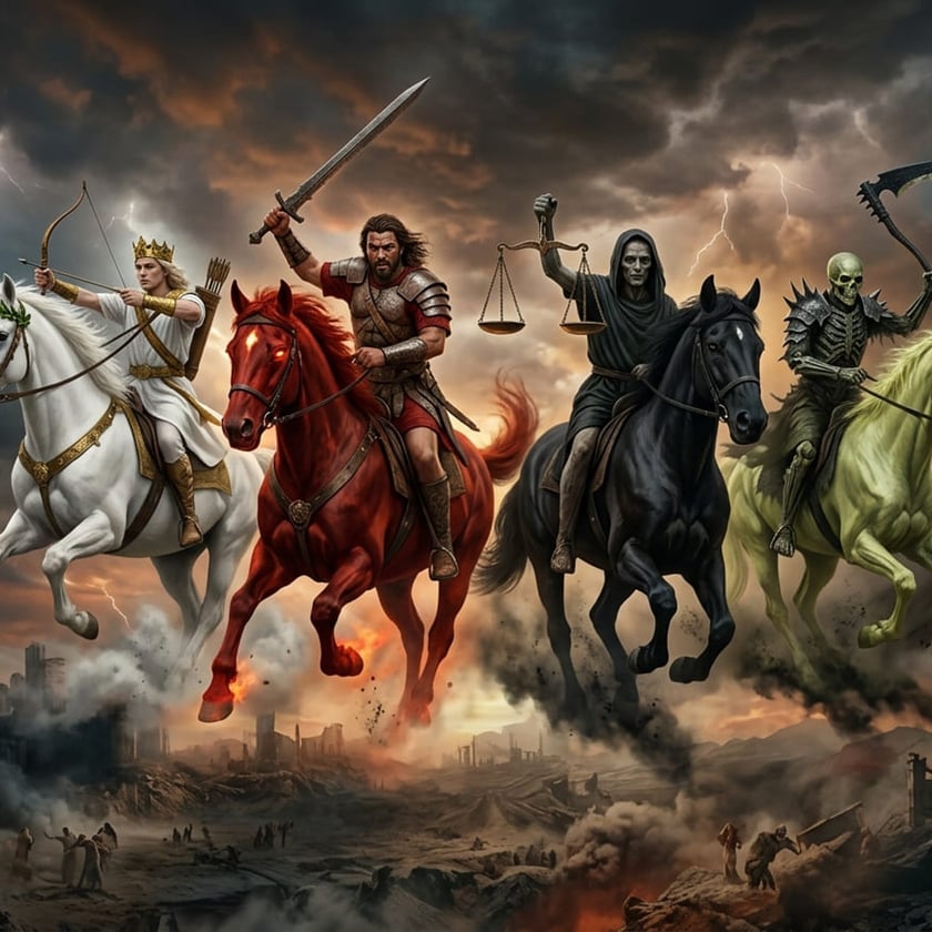 Quatro cavaleiros em cavalos branco, vermelho, preto e verde galopam sobre uma paisagem em ruínas.