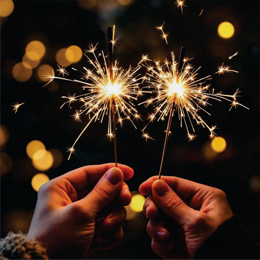 Duas mãos seguram estrelinhas acesas, soltando faíscas douradas à noite.