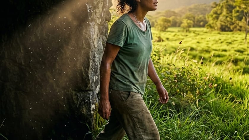 Mulher de camiseta verde e calça suja sai de uma gruta rumo a um campo verde.