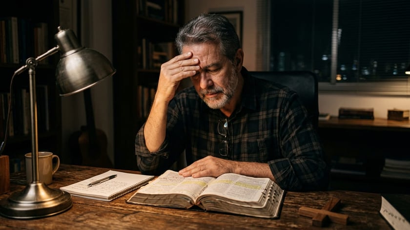 Homem grisalho de barba, com a mão na testa, diante de uma Bíblia aberta e um caderno.
