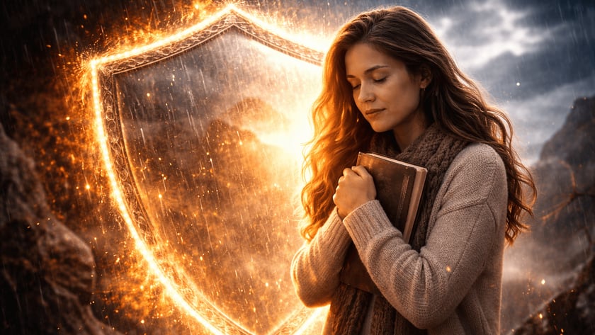 Mulher de cabelos longos e olhos fechados abraça um livro ao lado de um escudo flamejante.