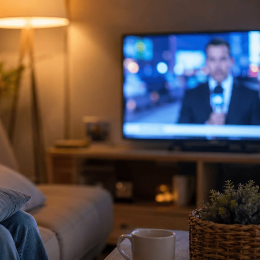 Televisão exibe repórter de terno com microfone, em sala com sofá, xícara e cesta com planta.
