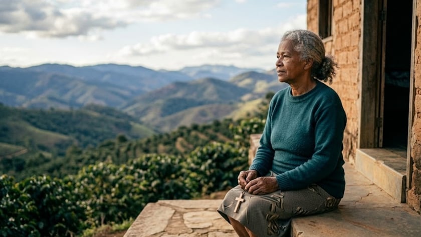 Idosa de suéter verde segura um terço de cruz, sentada diante de casa de tijolos, olhando montanhas.