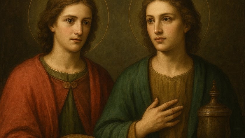 Dois jovens com auréolas, de manto vermelho e verde, seguram uma caixa e uma urna.
