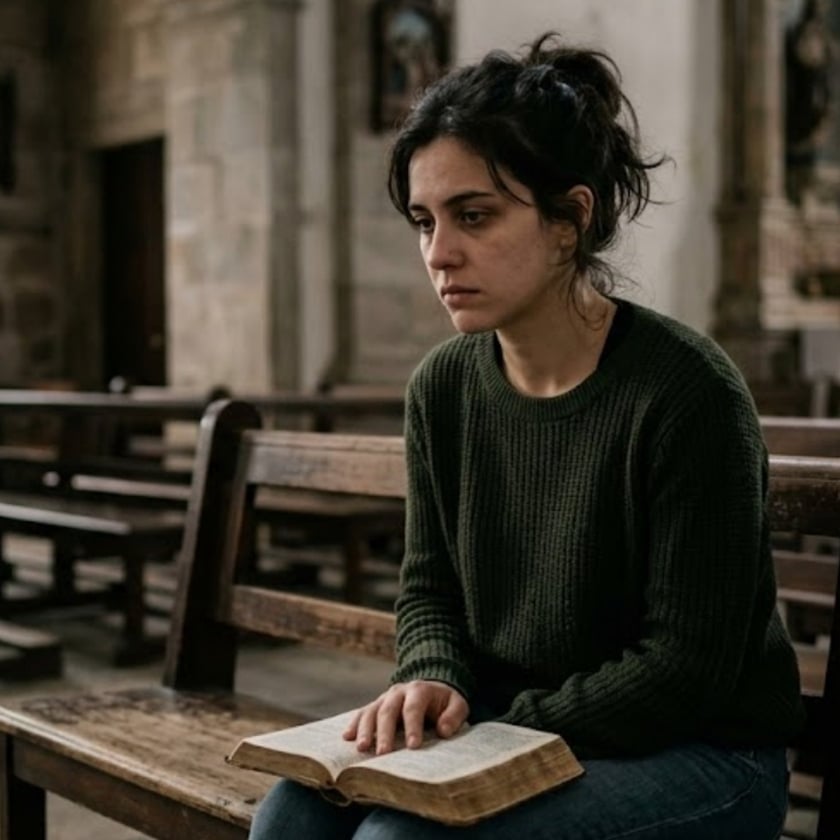 Mulher de cabelo escuro sentada em um banco de igreja, com um livro aberto no colo.