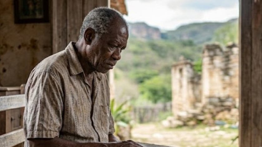 Homem idoso sentado em um banco lendo um livro numa varanda rústica