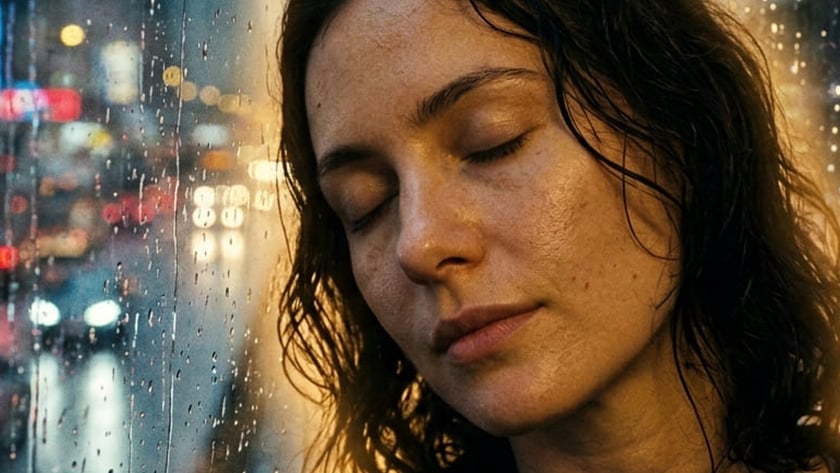 Mulher de cabelo escuro e molhado, olhos fechados, encosta o rosto em vidro com gotas de chuva.