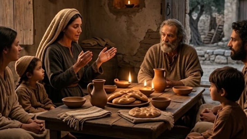 Família em túnicas simples reunida em volta de uma mesa baixa com pães, jarros e lamparinas.