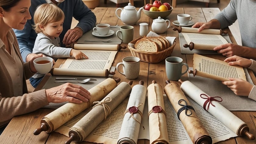 Família de várias gerações ao redor de uma mesa de madeira com rolos de pergaminho e chá.