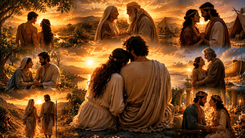 Casais em trajes antigos se abraçam ao pôr do sol; no centro, um casal sentado de costas.