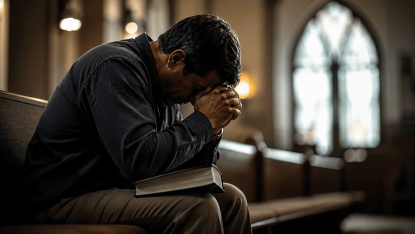 Homem de camisa escura com a cabeça baixa e mãos unidas, sentado num banco de igreja.