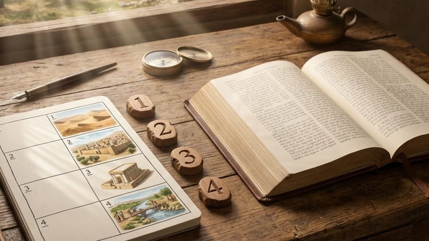 Mesa rústica com Bíblia aberta, caderno de quatro cenas numeradas, fichas de madeira e lamparina.