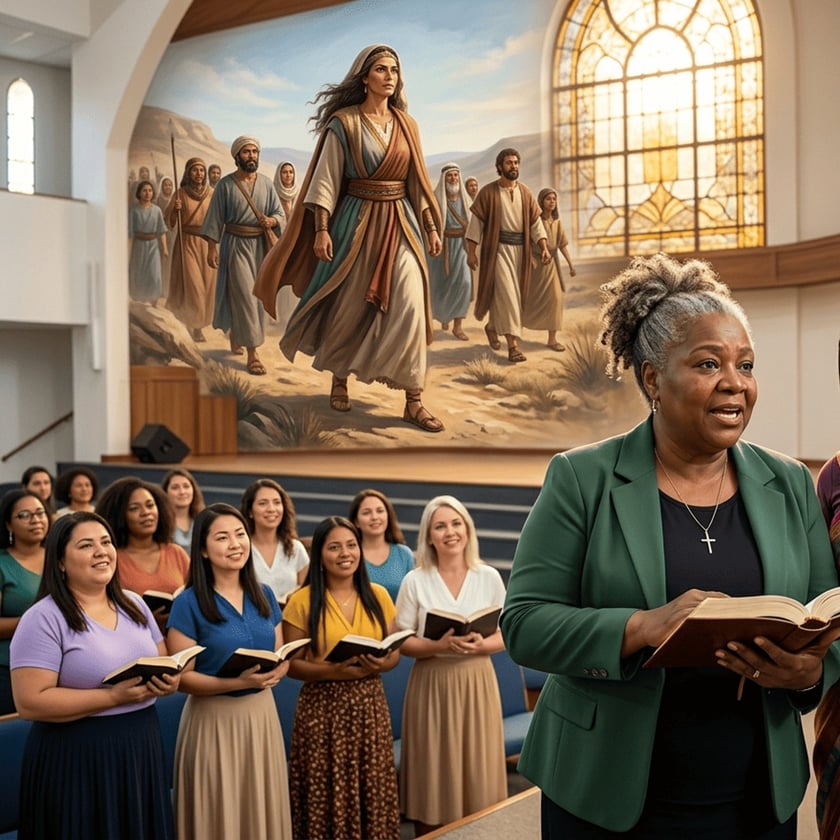 Mulheres seguram Bíblias numa igreja, diante de um mural bíblico com uma mulher à frente de um povo.