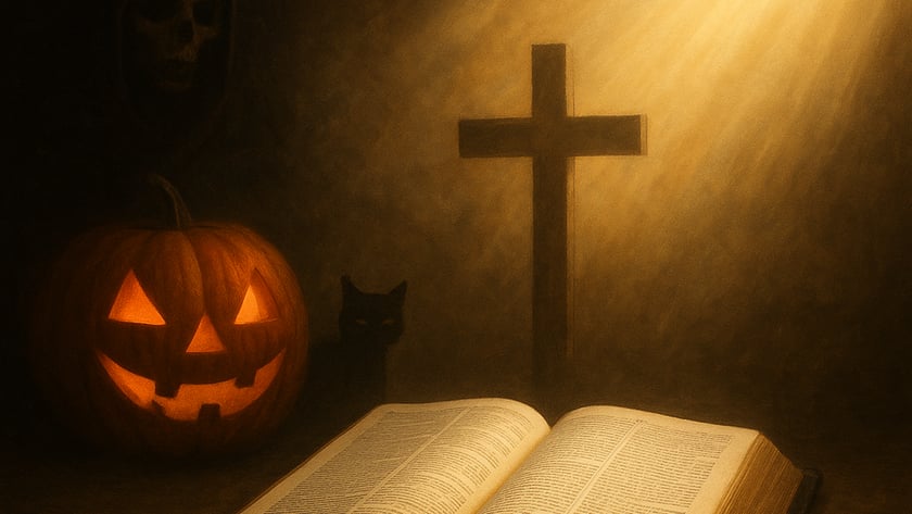 Abóbora de Halloween, gato preto, aranha e figura encapuzada ao redor de uma Bíblia aberta