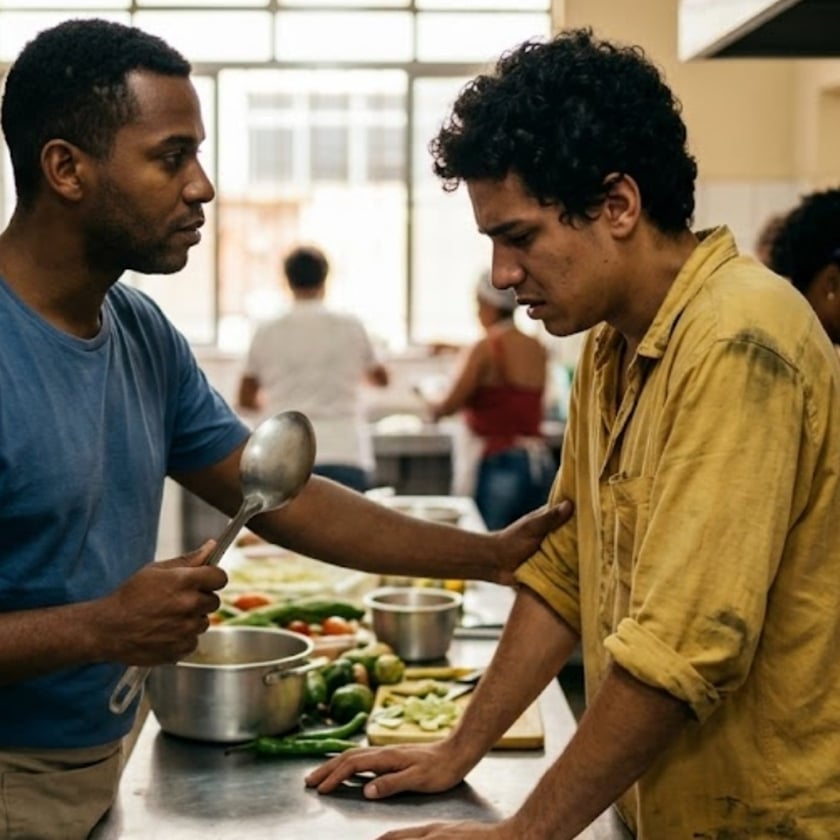 Homem de camiseta azul segura uma concha e toca o braço de outro numa cozinha.