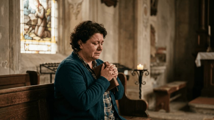 Mulher de cabelo curto e cardigã azul segura um livro junto ao peito, sentada em banco de igreja.