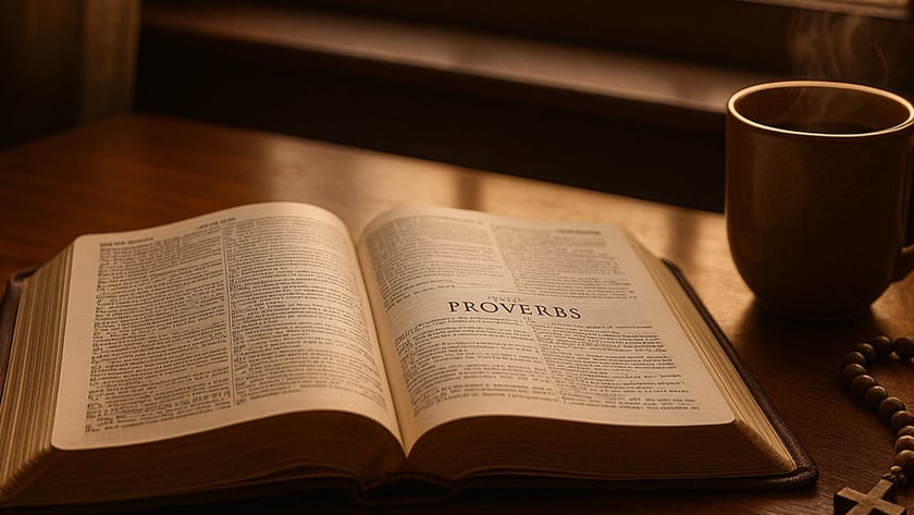 Bíblia aberta em Provérbios sobre mesa de madeira, com xícara fumegante e terço ao lado: "PROVERBS"