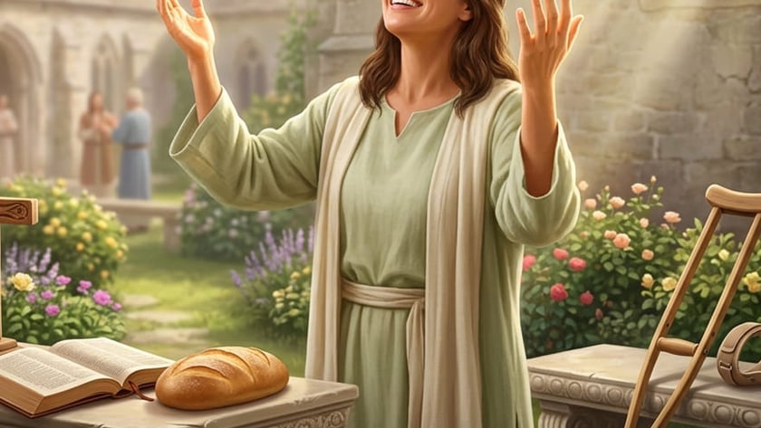 Mulher de túnica verde ergue as mãos em um jardim de igreja, perto de pão, Bíblia e muleta.