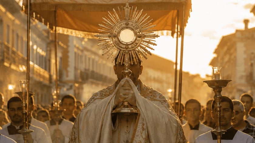 Sacerdote carrega ostensório sob dossel em procissão, seguido por coroinhas com castiçais numa rua.